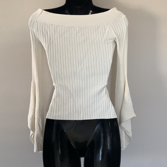BCBG MaxAzria Gardenia Cream Stevie Ribbed Off The Shoulder Bell Sleeve Sweater - Picture 10 of 13